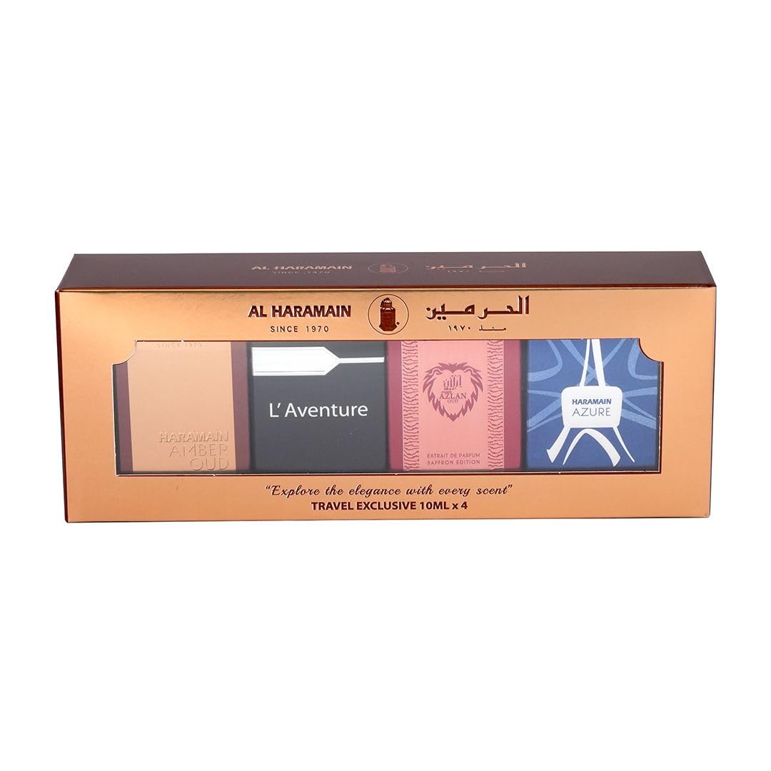 Al Haramain Fragrance Discovery Set for Men & Women – 4×10ml Perfume Gift Set (Amber Oud Gold Edition, L’Aventure, Azlan Oud Saffron, Azure)