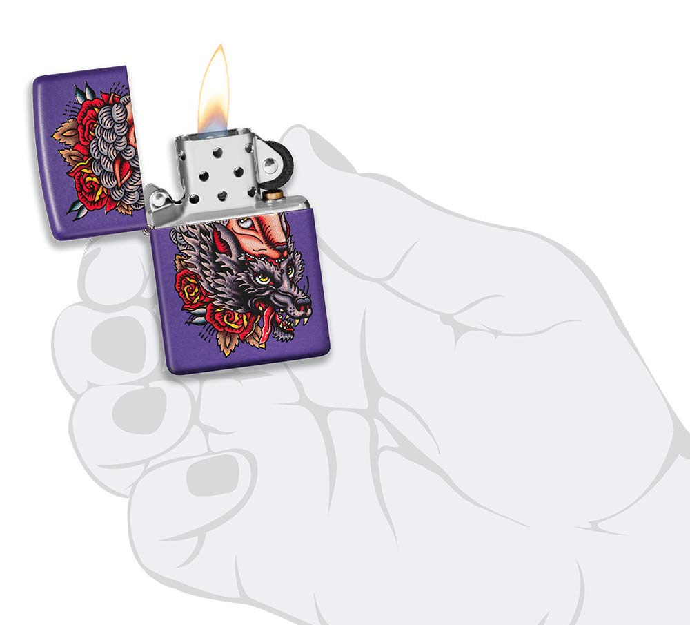 Zippo Wolf in Sheeps Clothing Tattoo Design Purple Matte Pocket Lighter