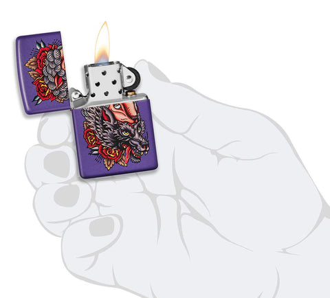 Zippo Wolf in Sheeps Clothing Tattoo Design Purple Matte Pocket Lighter