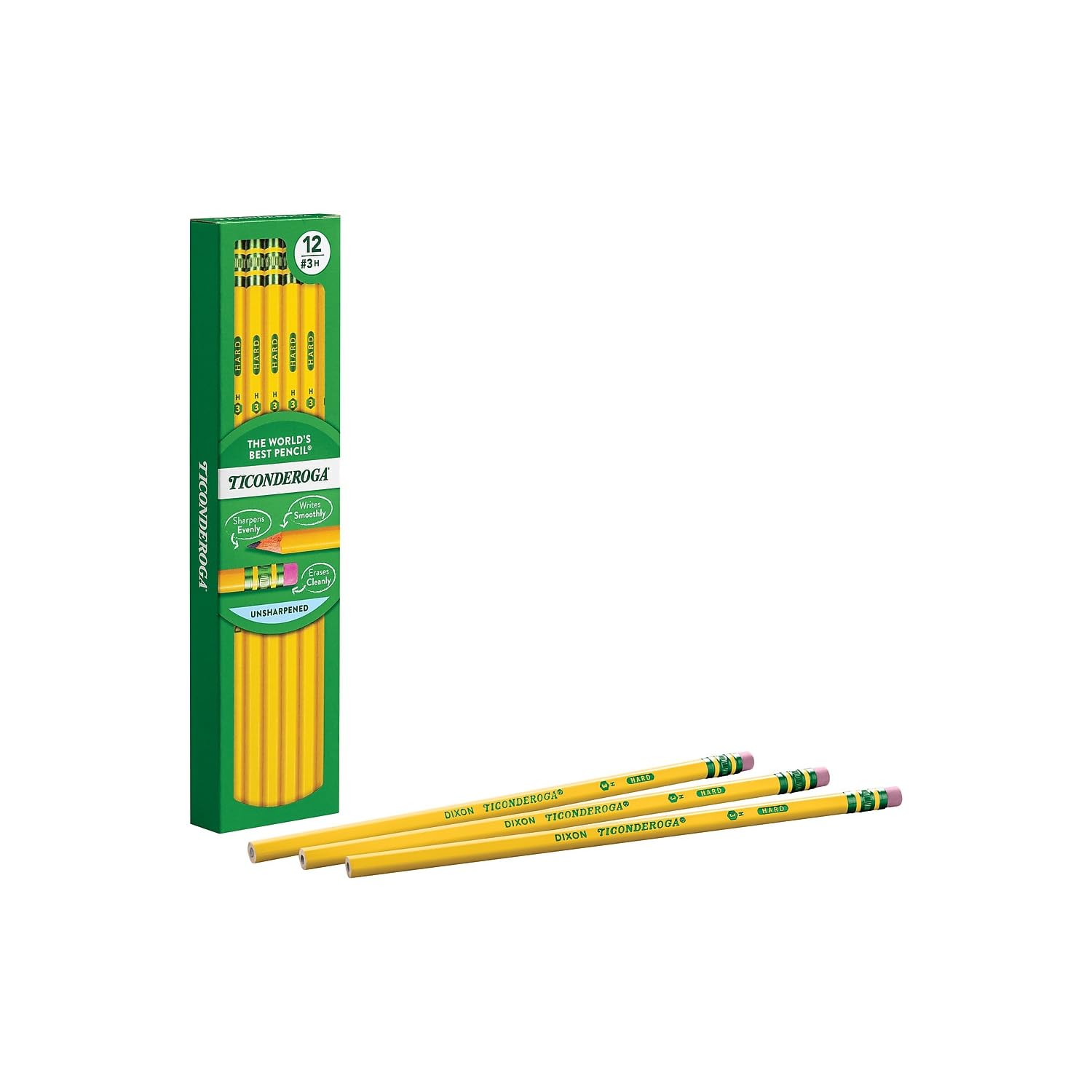 Ticonderoga Wood-Cased Pencils, Unsharpened, #3 H Hard, Yellow, 12 Count