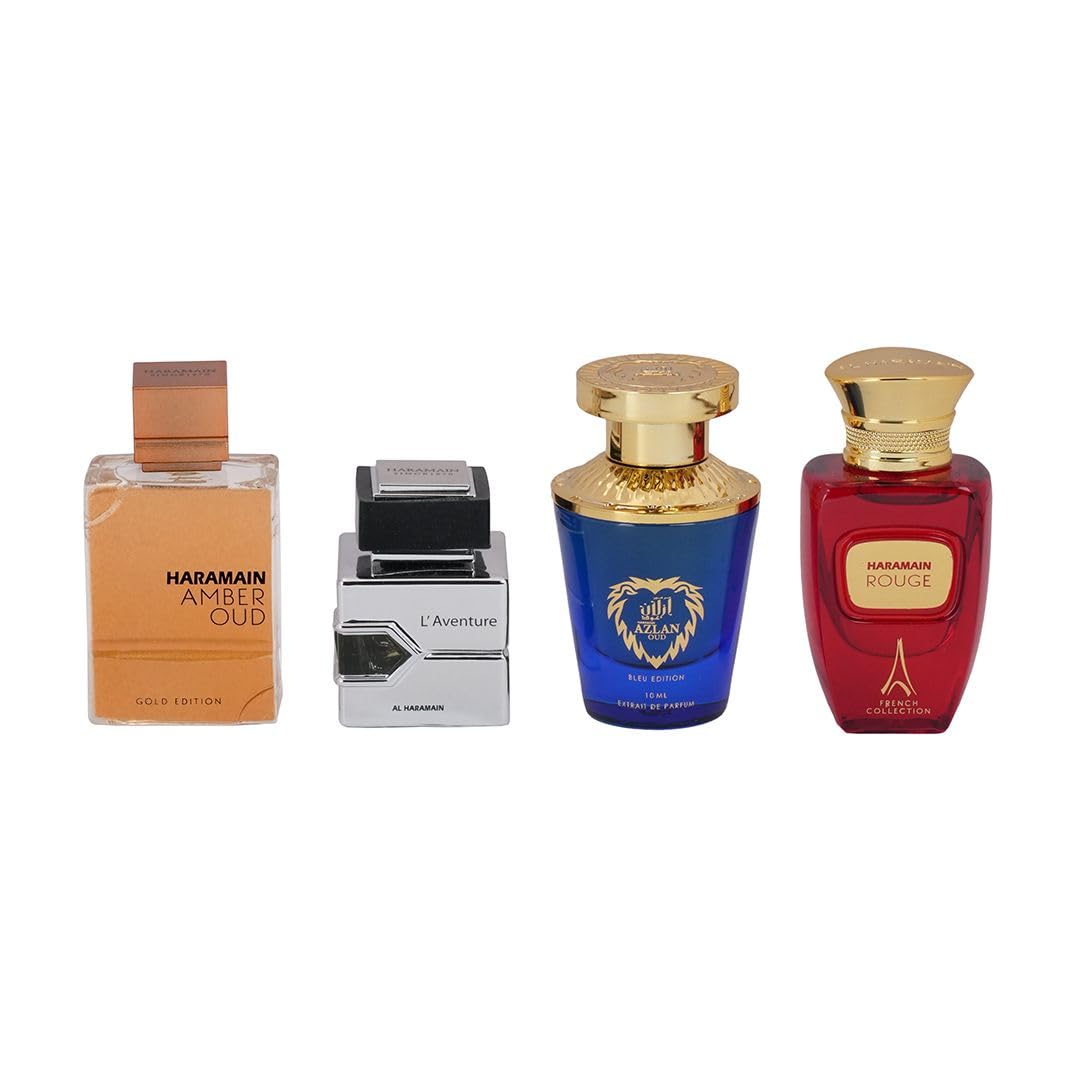 Al Haramain Fragrance Gift Set for Unisex – 4×10ml Each, (Amber Oud Gold Edition + L'aventure + Azlan Oud Bleu Edition + Rouge)