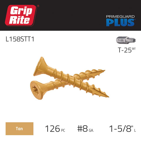 Grip-Rite L158STT1 PrimeGuard Plus #8 x 1-5/8" Wood to Wood Deck Screw, Tan, 1lb Box