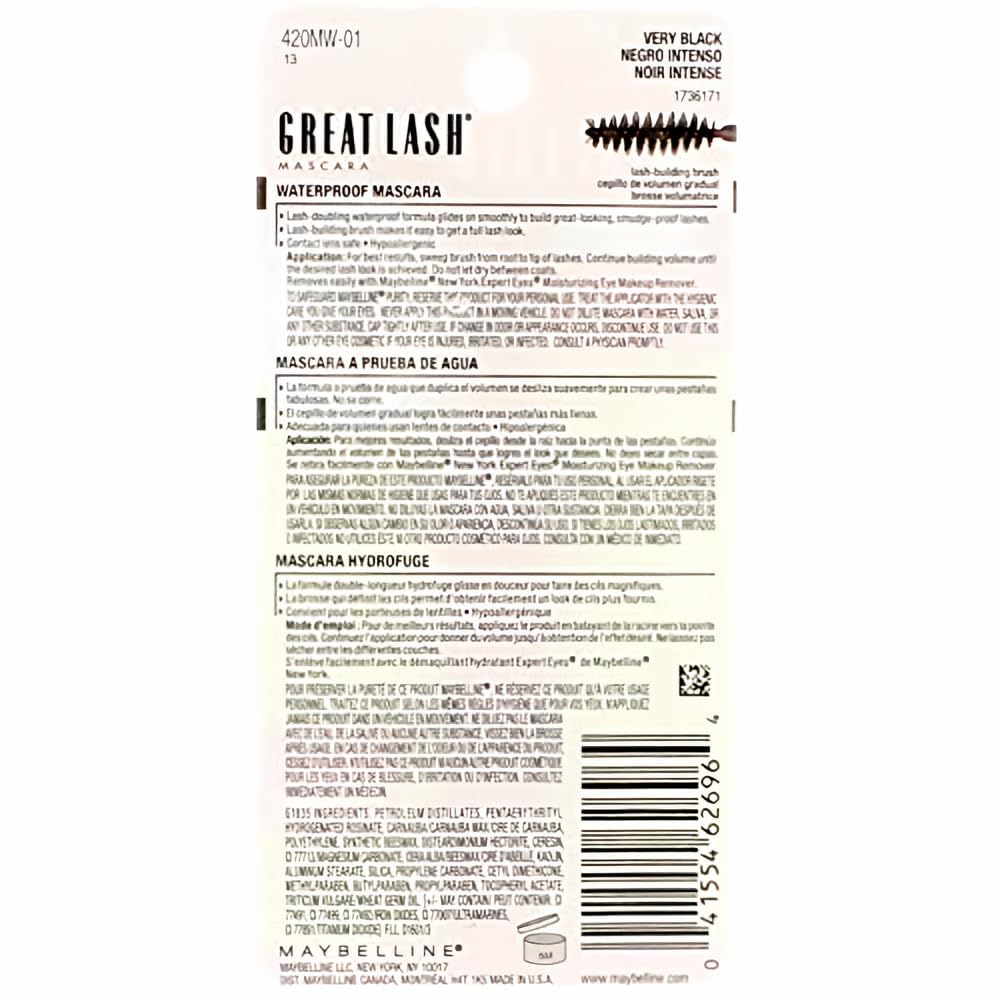 Maybelline Great Lash Waterproof Mascara, Very Black [111], 0.43 oz (Pack of 5)