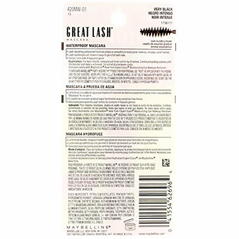 Maybelline Great Lash Waterproof Mascara, Very Black [111], 0.43 oz (Pack of 5)