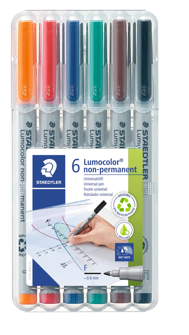 STAEDTLER Lumograph Non-Permanent Wet Erase Marker Pens, Fine Tip Refillable Colored Markers, 6 Pack, 315 WP6