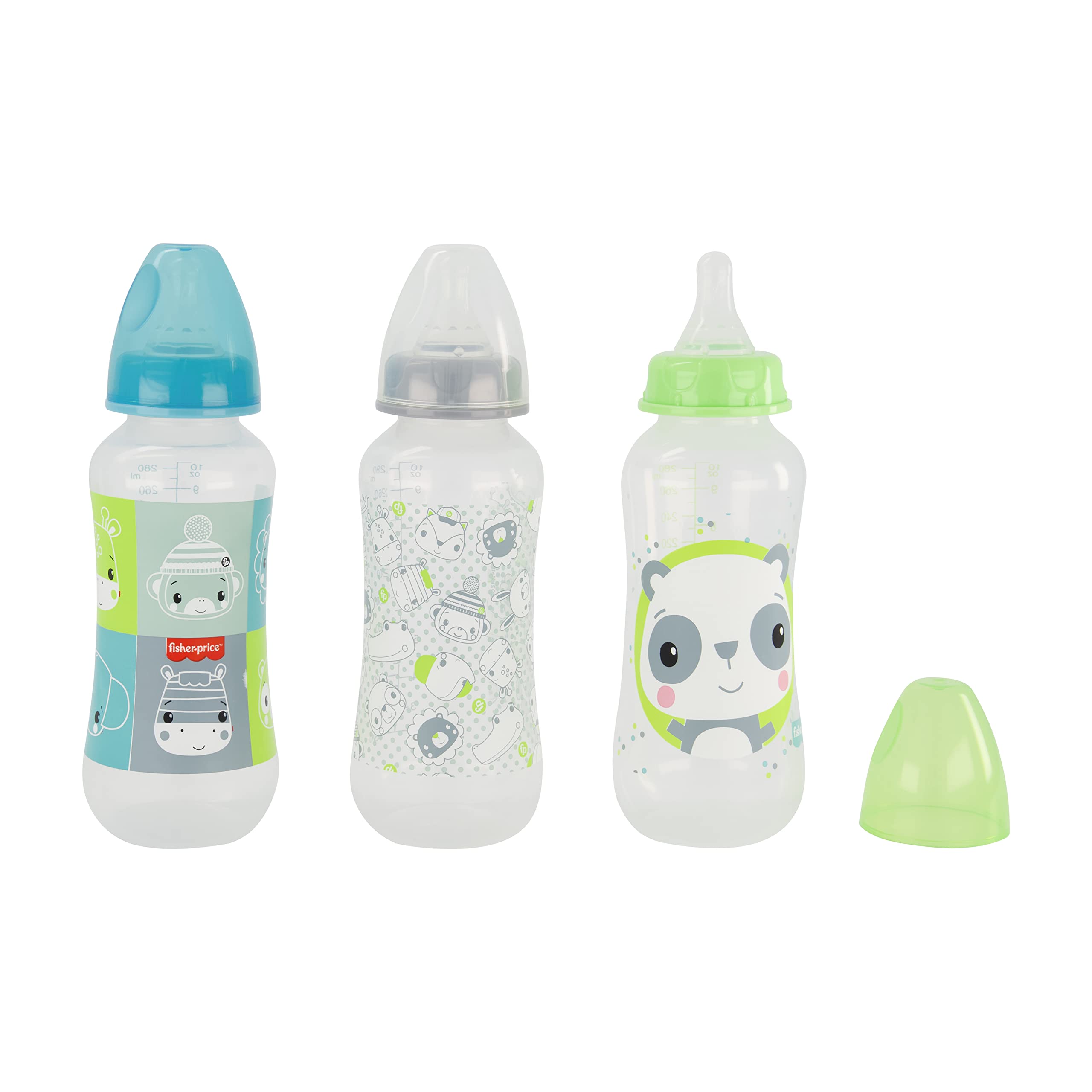 Cudlie Fisher Price 3 Pack Bottles, 10 Ounce, Newborn Baby Bottles, Quality Bottles for Newborn Babies, Panda and Friends Print