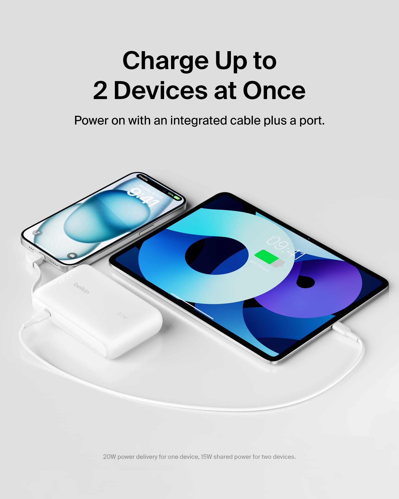 Belkin Portable Charger Power Bank USB C, 10000 mAh w/Integrated Cable, 20W Fast Charge USB-C Power Delivery, iPhone Charger, Apple iPhone 17, Air, Pro, Pro Max, iPad, Samsung Galaxy S25 - White
