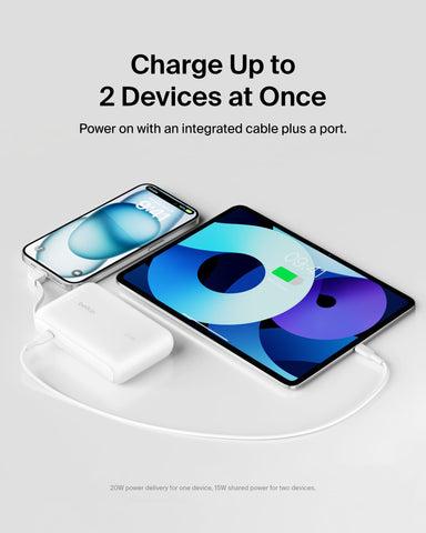Belkin Portable Charger Power Bank USB C, 10000 mAh w/Integrated Cable, 20W Fast Charge USB-C Power Delivery, iPhone Charger, Apple iPhone 17, Air, Pro, Pro Max, iPad, Samsung Galaxy S25 - White