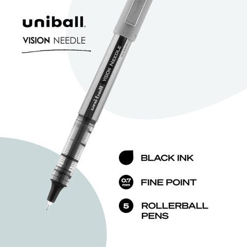 uniball Vision Needle Rollerball Pens, Fine Point (0.7mm), Black, 5 Pack