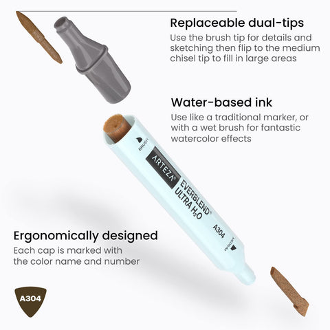 ARTEZA Dual Tip Nylon Brush Pens Set of 12 Earth Tones, EverBlend Watercolor Calligraphy Markers, Water-Based Ink