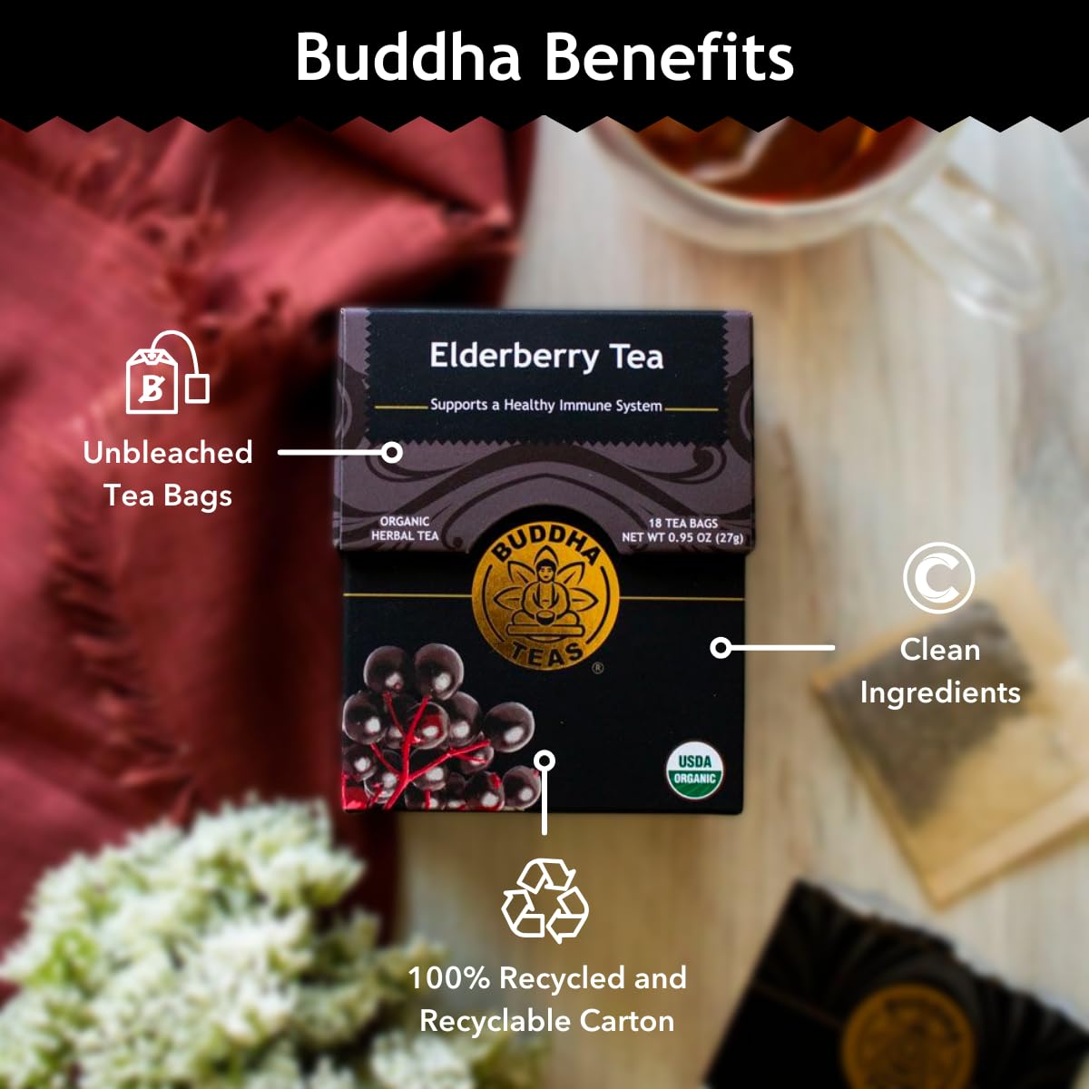 Buddha Teas - Organic Elderberry - Herbal Tea - For Health & Wellbeing - With Antioxidants & Minerals - Clean Ingredients - Caffeine Free - OU Kosher & Non-GMO - 18 Tea Bags (Pack of 1)
