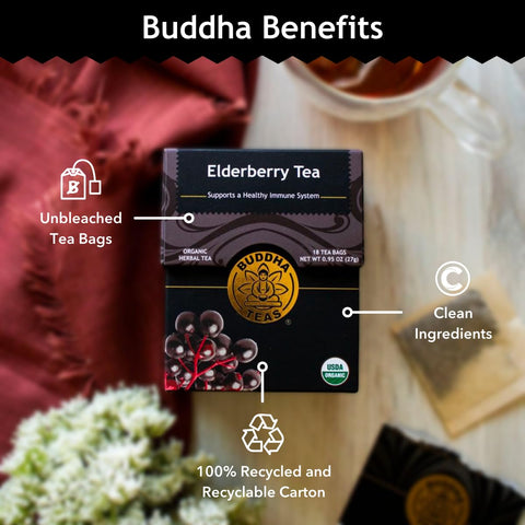 Buddha Teas - Organic Elderberry - Herbal Tea - For Health & Wellbeing - With Antioxidants & Minerals - Clean Ingredients - Caffeine Free - OU Kosher & Non-GMO - 18 Tea Bags (Pack of 1)