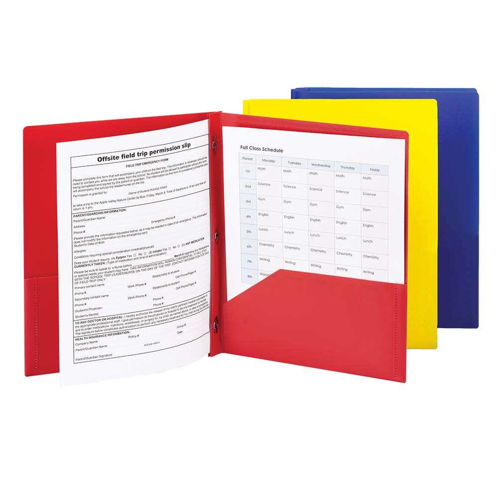 Smead Poly Two-Pocket Folder, Three-Hole Punch Prong Fasteners, Letter Size, Assorted Colors, 3 per Pack (87738)