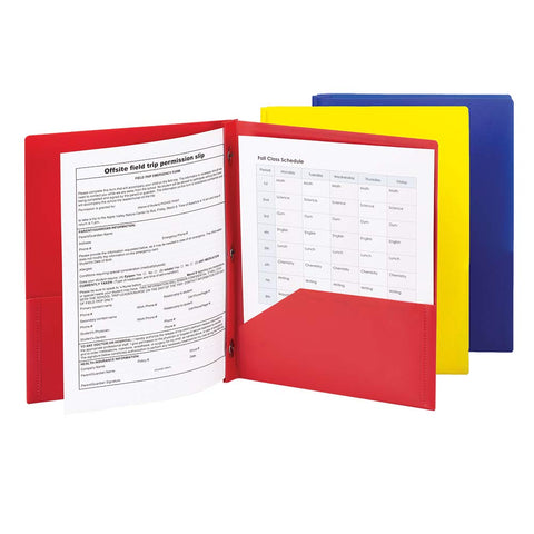 Smead Poly Two-Pocket Folder, Three-Hole Punch Prong Fasteners, Letter Size, Assorted Colors, 3 per Pack (87738)