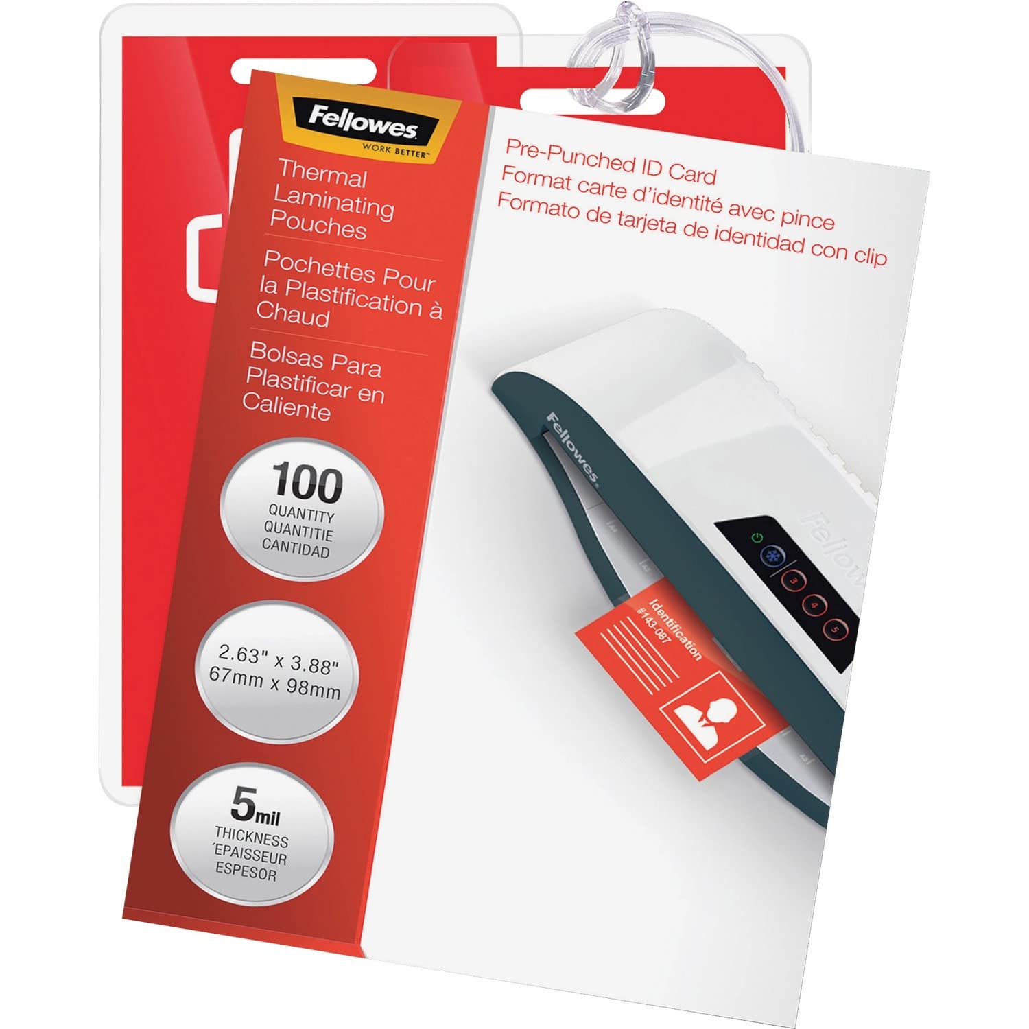 Fellowes Hot Laminating Pouches, ID Tag, Punched, 5 mil, 100 Pack, Clear (52016)