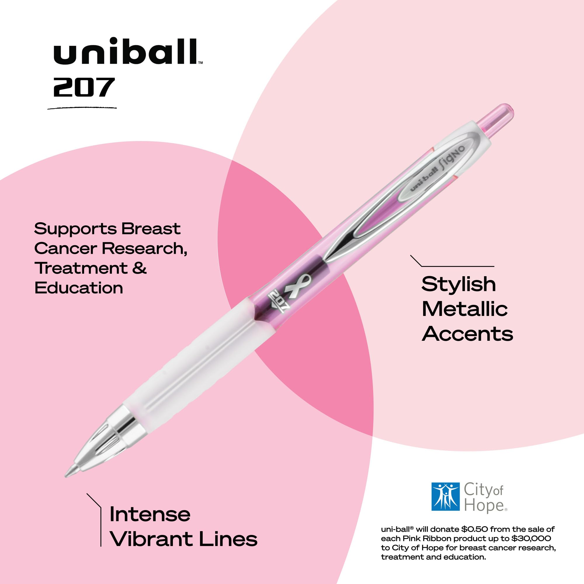 uniball 207 Pink Ribbon Retractable Gel Pens, Medium Point (0.7mm), Black, 2 Pack