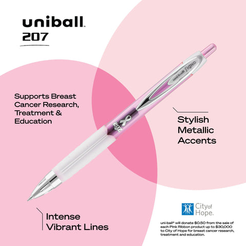 uniball 207 Pink Ribbon Retractable Gel Pens, Medium Point (0.7mm), Black, 2 Pack