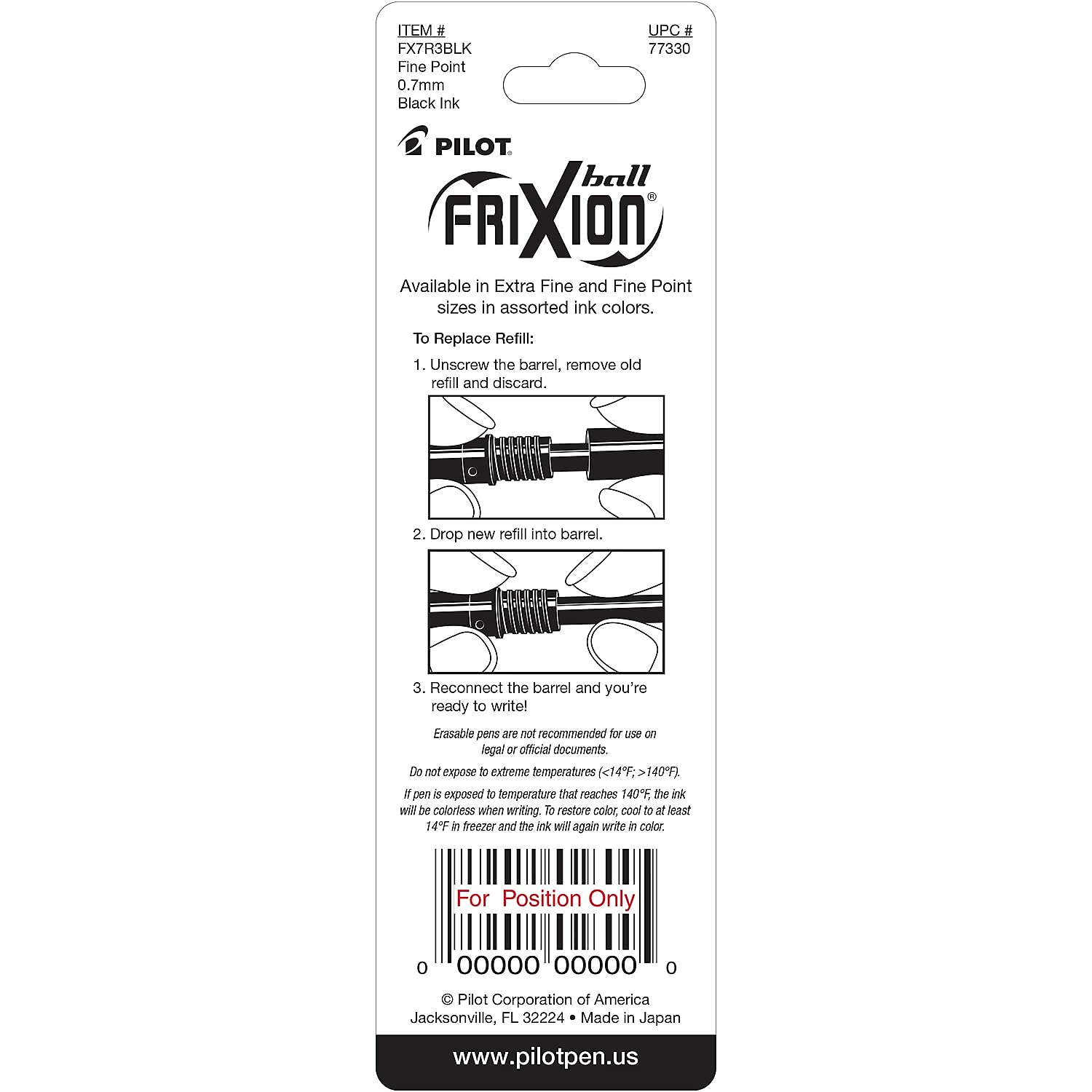 Pilot 77330 Frixion Gel Pen Refills.7mm, Medium Pt, 3/PK, Black