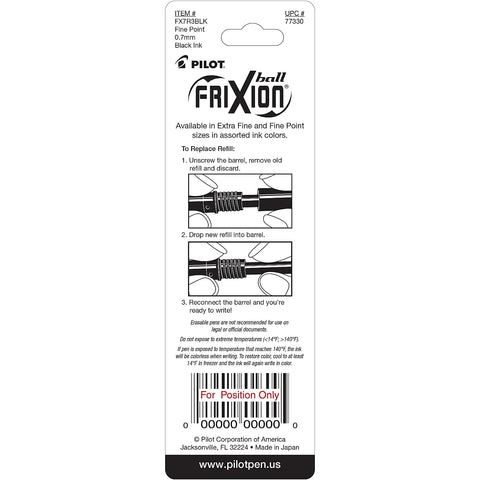 Pilot 77330 Frixion Gel Pen Refills.7mm, Medium Pt, 3/PK, Black