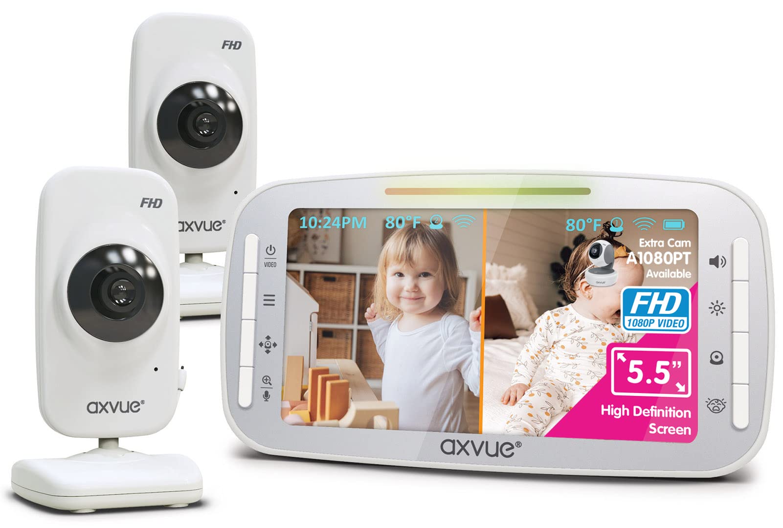 Video Baby Monitor,1080P Full HD Ultra clear image quality,5.5" IPS Screen Monitor & 2 Camera, Range up to 1000ft,24h Battery Life, 2-Way Talk,Split Screen,Night Vision,Temperature Monitor,No WiFi.