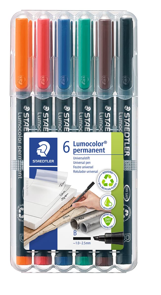 STAEDTLER Lumocolor Universal Pen, Broad Chisel, Felt Tip, Permanent Marker, Box of 6 Assorted Color Pens, 2.5mm 314 WP6, Assorted Colours, pkg of 6 (314 WP6 ST)