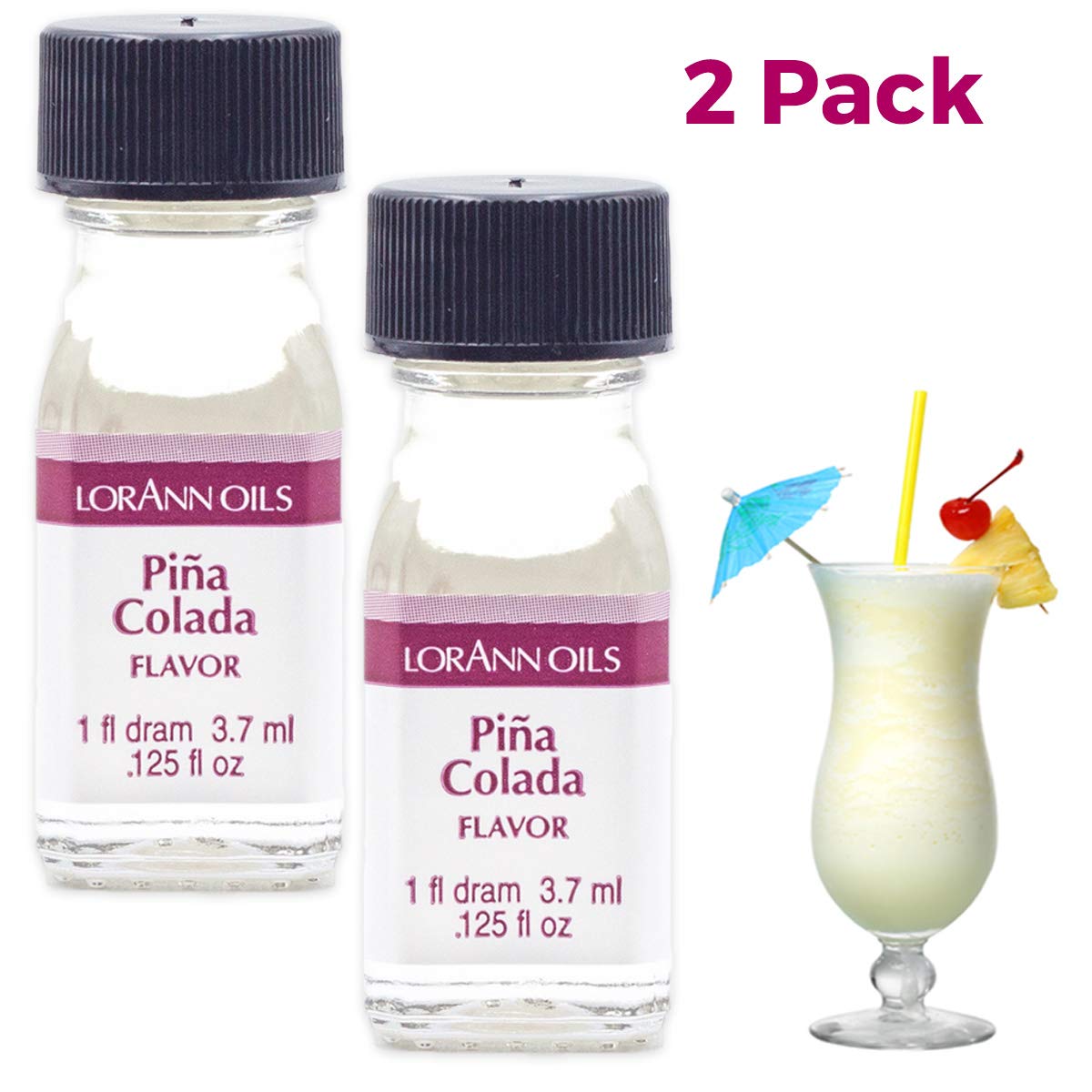 LorAnn Oils Super Strength Flavoring - Used For Candy Making, Flavoring, Baking, Hard Candy, & Flavor Oils - Bold, Natural Flavors 4X Stronger Than Extracts - Pina Colada, Pack of 2, 0.125 fl oz