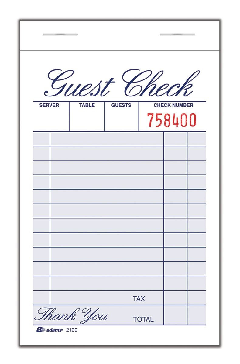 Adams Guest Check Pad, Single Part, White, 3-11/32" x 5-7/16", 100 Sheets/Pad, 12 Pads/Pack (2100-12)