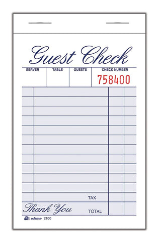 Adams Guest Check Pad, Single Part, White, 3-11/32" x 5-7/16", 100 Sheets/Pad, 12 Pads/Pack (2100-12)