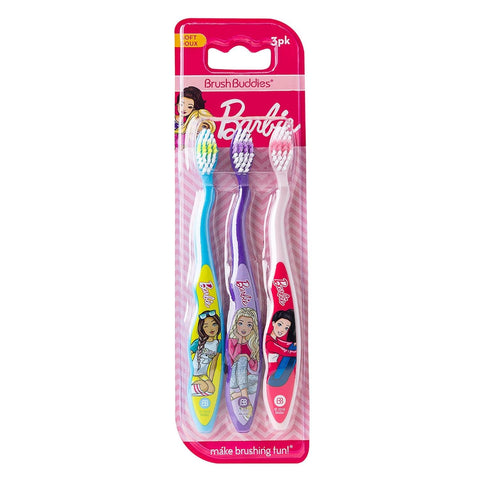 Brush Buddies Barbie Manual Toothbrushes for Kids 3 Pack Soft Bristled Children’s Toothbrushes with Fun Pink Multi Colored Designs Anti Slip Grip Handles Perfect for Toddlers Home Use or Travel
