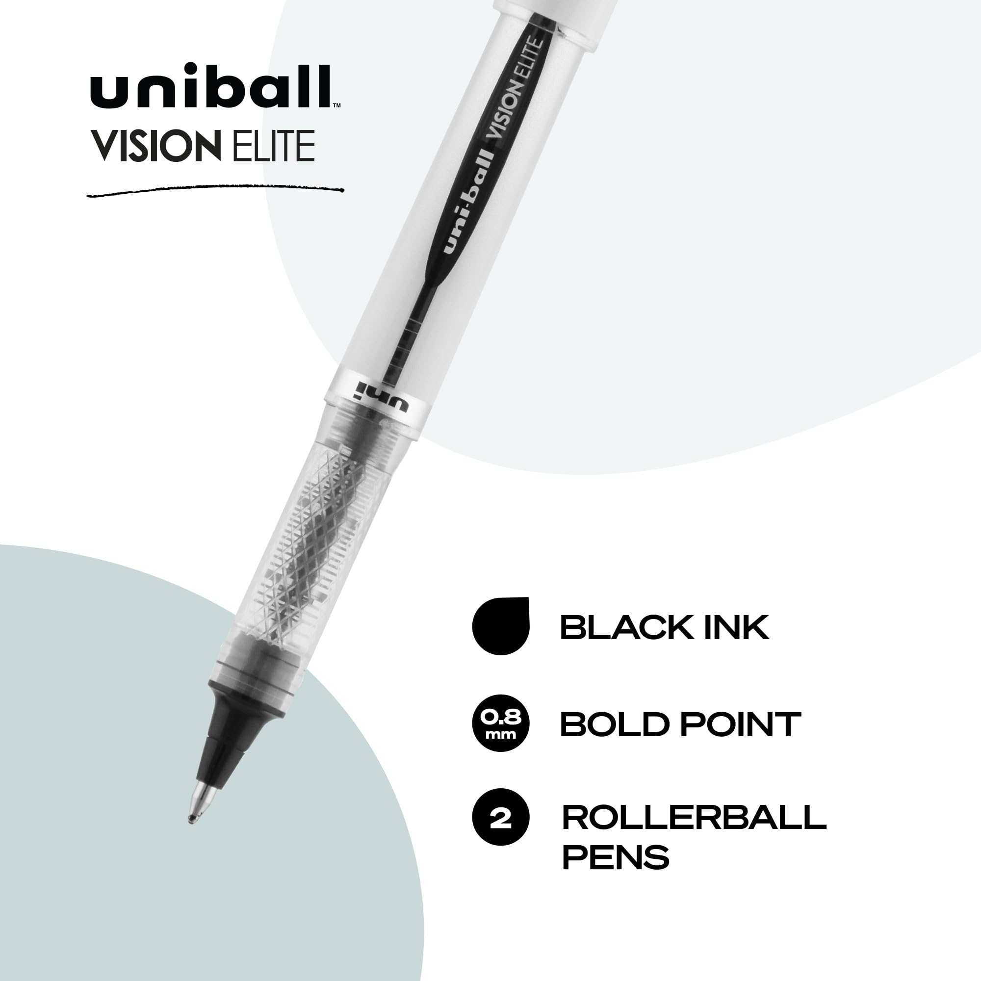 uniball Vision Elite Rollerball Pens, Bold Point (0.8mm), Black, 2 Pack