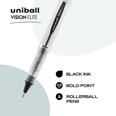uniball Vision Elite Rollerball Pens, Bold Point (0.8mm), Black, 2 Pack