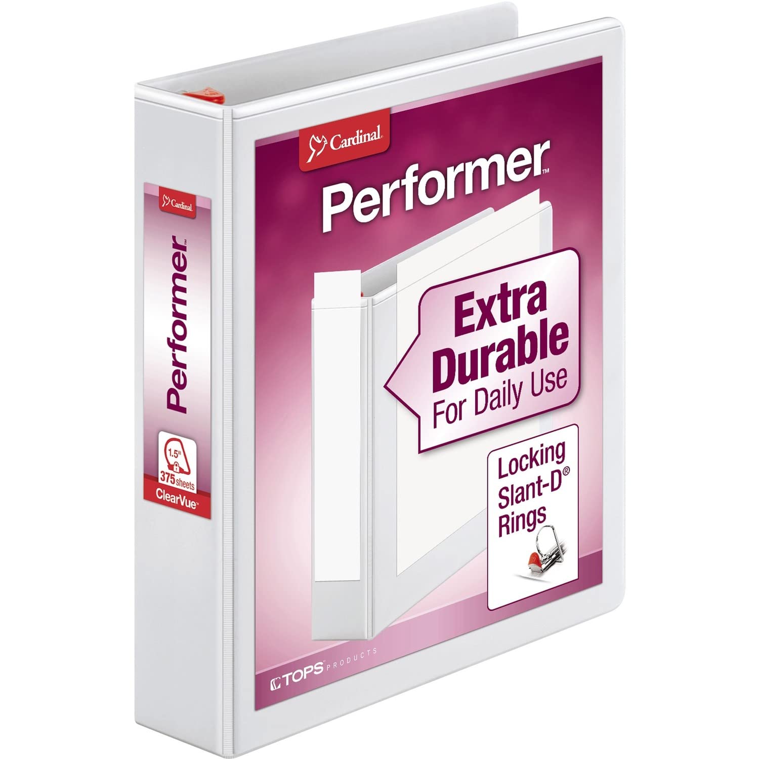 Cardinal Performer 3-Ring Binder, 1.5", Locking Slant-D Rings, 375-Sheet Capacity, ClearVue Presentation Binder, Nonstick, PVC-Free, White (19020)