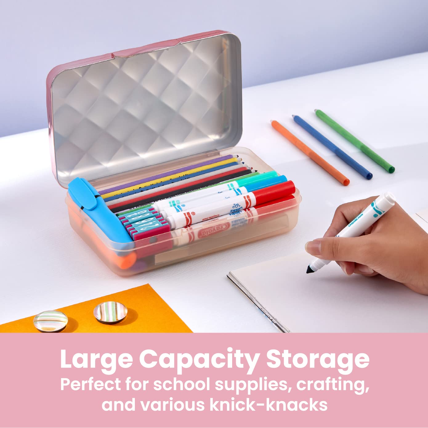 It's Academic Metallic Pencil Case Box, Hard Plastic, Stylish Quilted-Pattern Lid, Rose Gold