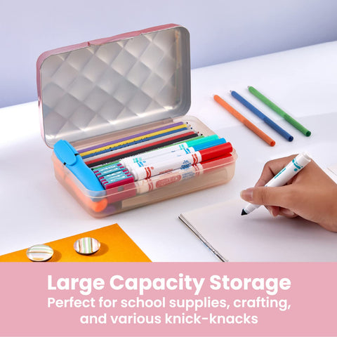 It's Academic Metallic Pencil Case Box, Hard Plastic, Stylish Quilted-Pattern Lid, Rose Gold