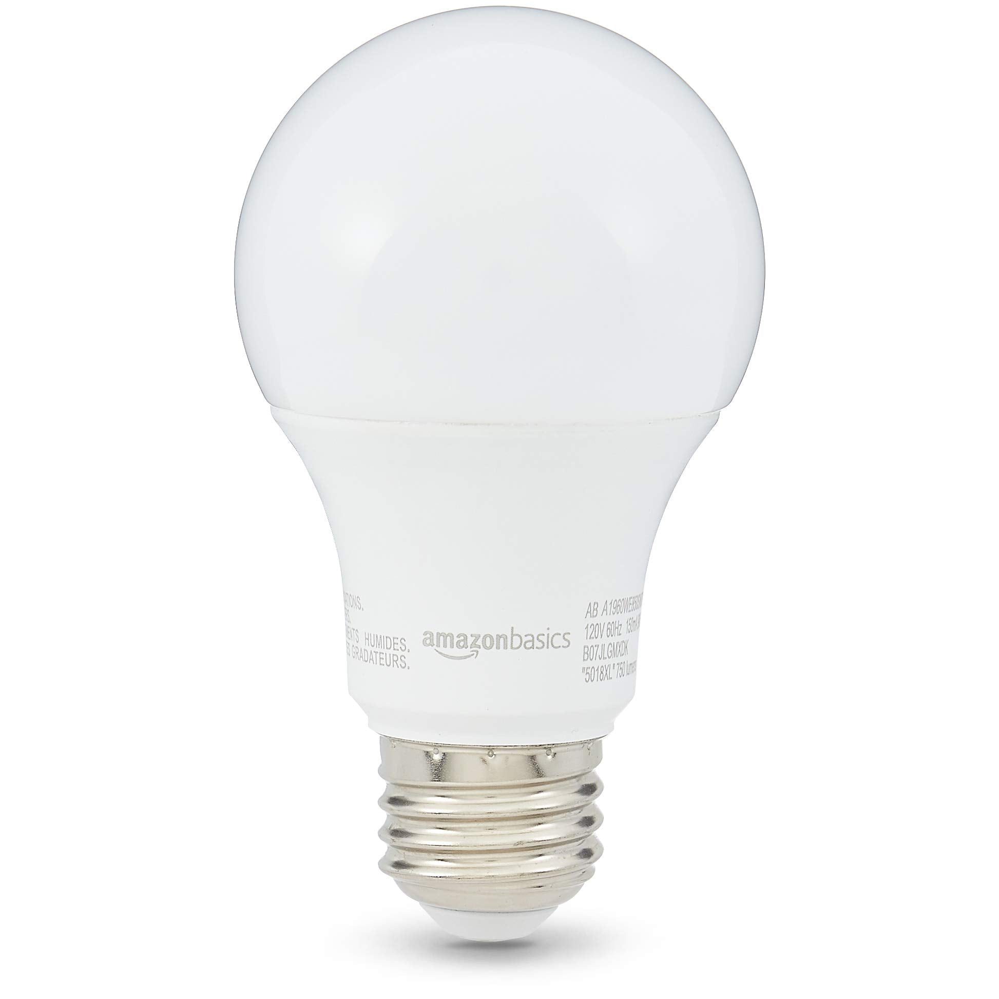 Amazon Basics 60W Equivalent, Daylight White, Non-Dimmable, Energy Efficient, 10,000 Hour Lifetime, A19 LED Light Bulbs, 6-Pack
