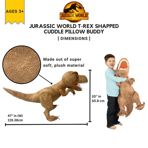 Jurassic World Dominion Kids Oversized Rexy Large Size 32 Inches Tall T-Rex Bedding Super Soft Plush Cuddle Pillow Buddy, By Franco