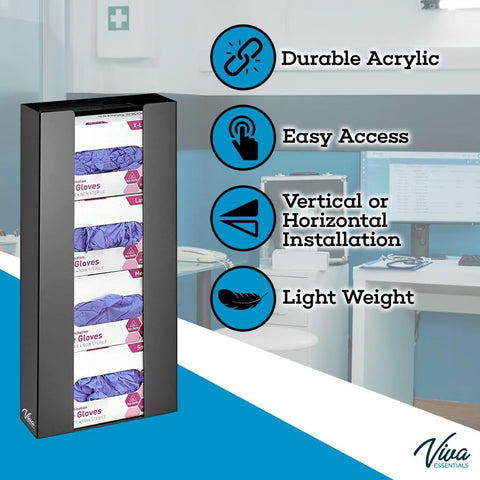 AdirMed VivaEssentials Quad Glove Box Holder, Wall Mount or Free Standing Black Acrylic Glove Holder
