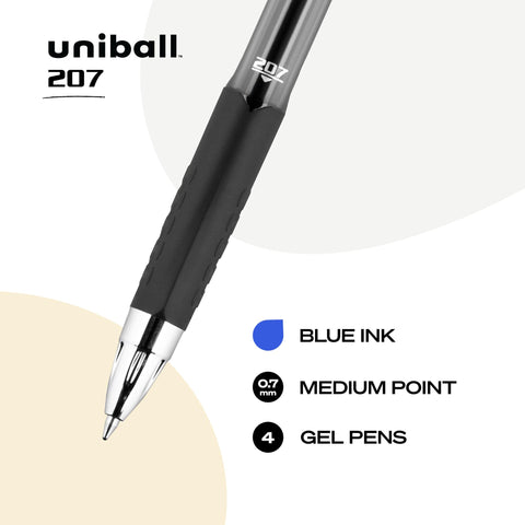 uni-ball® Signo Gel 207™ Retractable Gel Pens, Medium Point, 0.7 mm, Clear Barrel, Blue Ink, Pack Of 4
