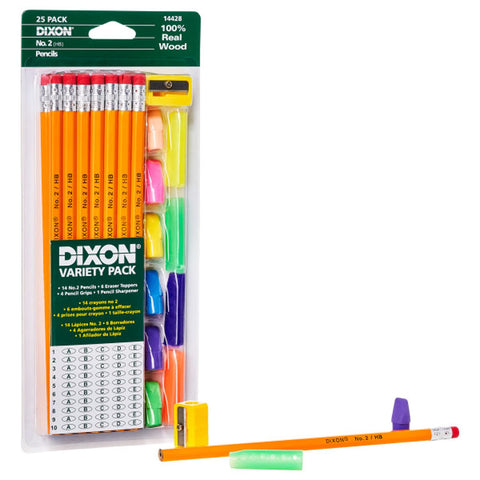 Dixon Economy Pencil Variety Pack, 14 Number 2 Soft Pencils, 6 Eraser Toppers, 4 Pencil Grips, and Sharpener (44424)