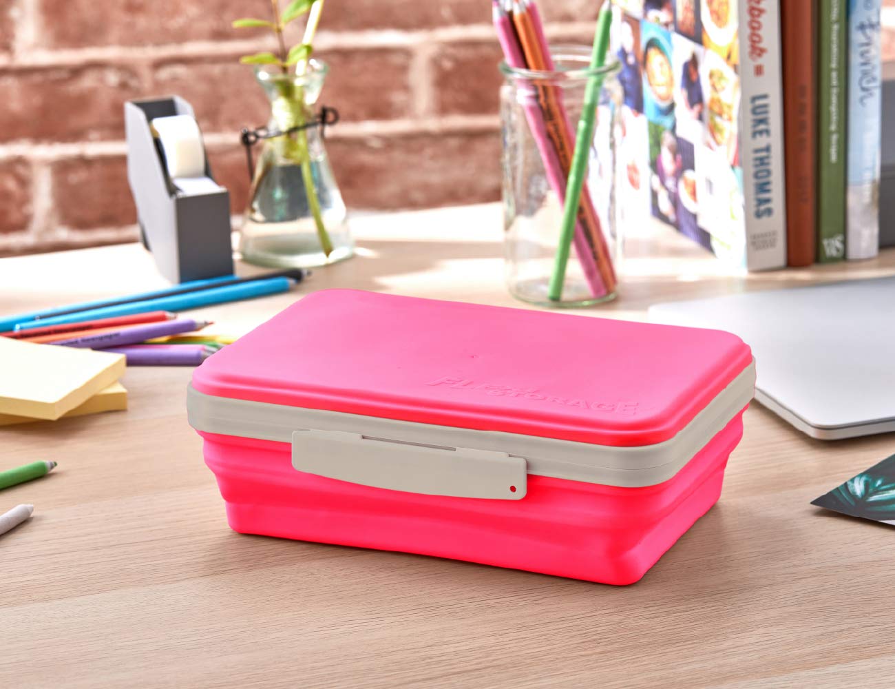 It's Academic Flexi Storage Box with Lid, Collapsible Pencil Case Design for Craft and School Supplies, Pink/Gray