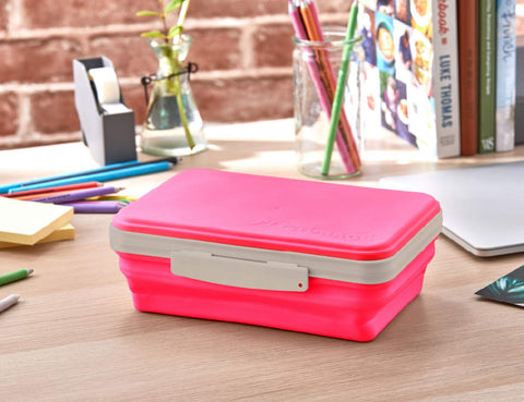 It's Academic Flexi Storage Box with Lid, Collapsible Pencil Case Design for Craft and School Supplies, Pink/Gray