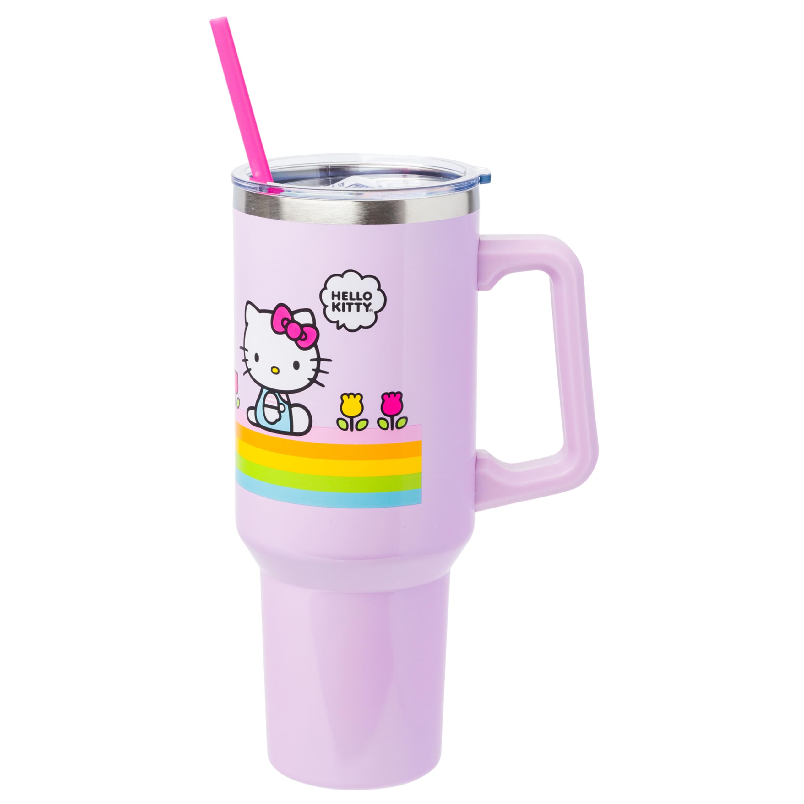 Silver Buffalo Sanrio Hello Kitty Spring and Summer Flowers Rainbow Stripes Double Walled Stainless Steel Tumbler with Handle and Straw, Fits in Standard Cup Holder, 40 Ounces
