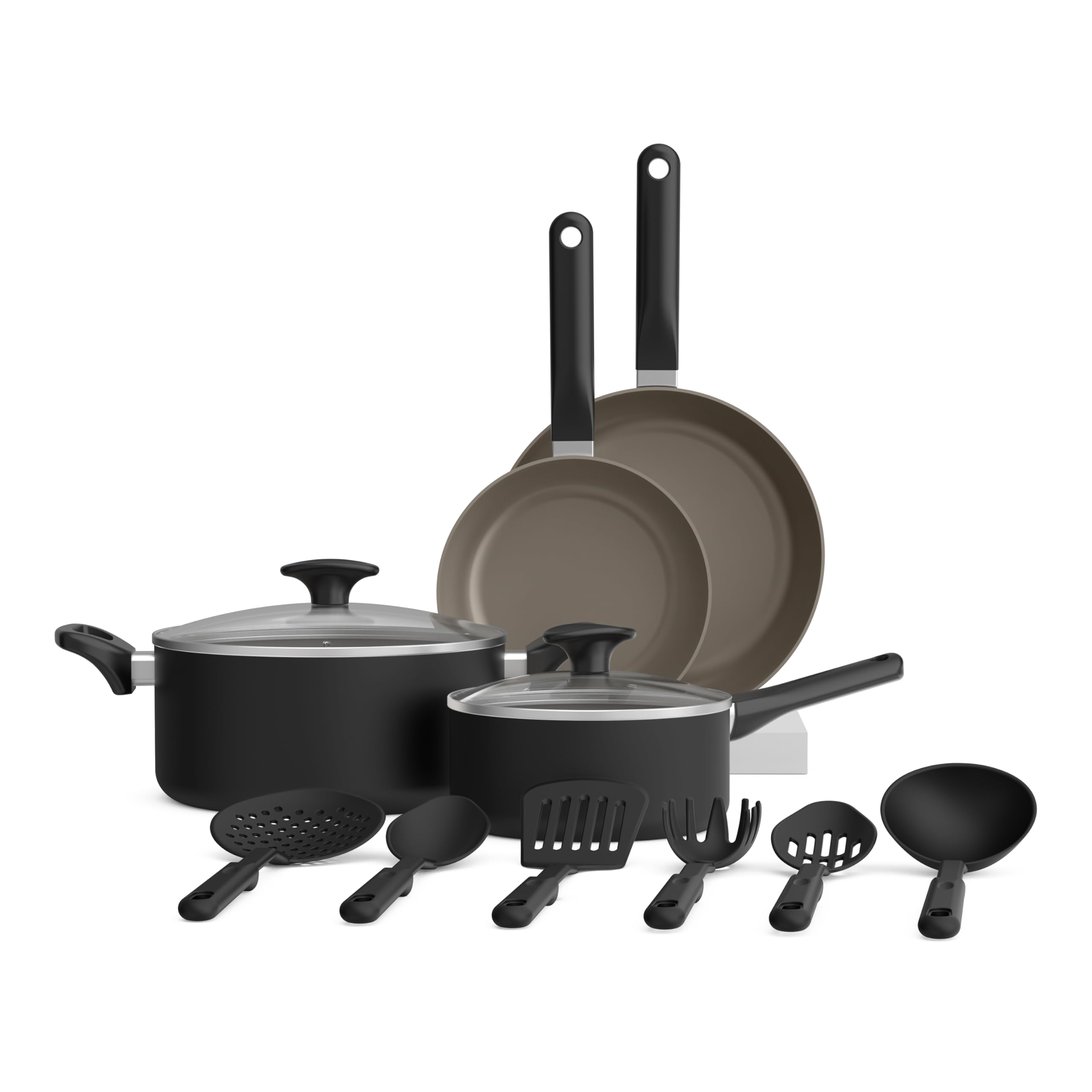 bella 12 Piece Cookware Set with EverGood™ Ceramic Nonstick Coating​, Dishwasher & Oven Safe, All Stovetops Compatible, Tempered Glass Lids and Cool Touch Handles, Black