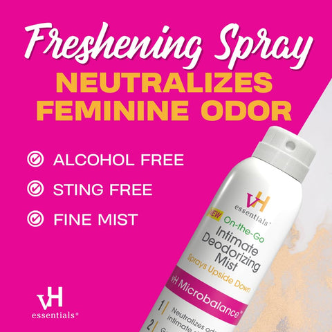 vH essentials Feminine Spray, Intimate Deodorizing Mist, Gentle Odor Eliminating Ph Balanced Formula, Sting Free, Alcohol free, Continuous Spray, 3 floz.