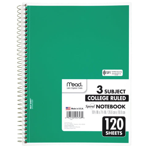 Mead Spiral Notebook, 3 Subject, College Ruled Paper, 120 Sheets, 10-1/2" x 8", Color Selected For You, 1 Count (05748)