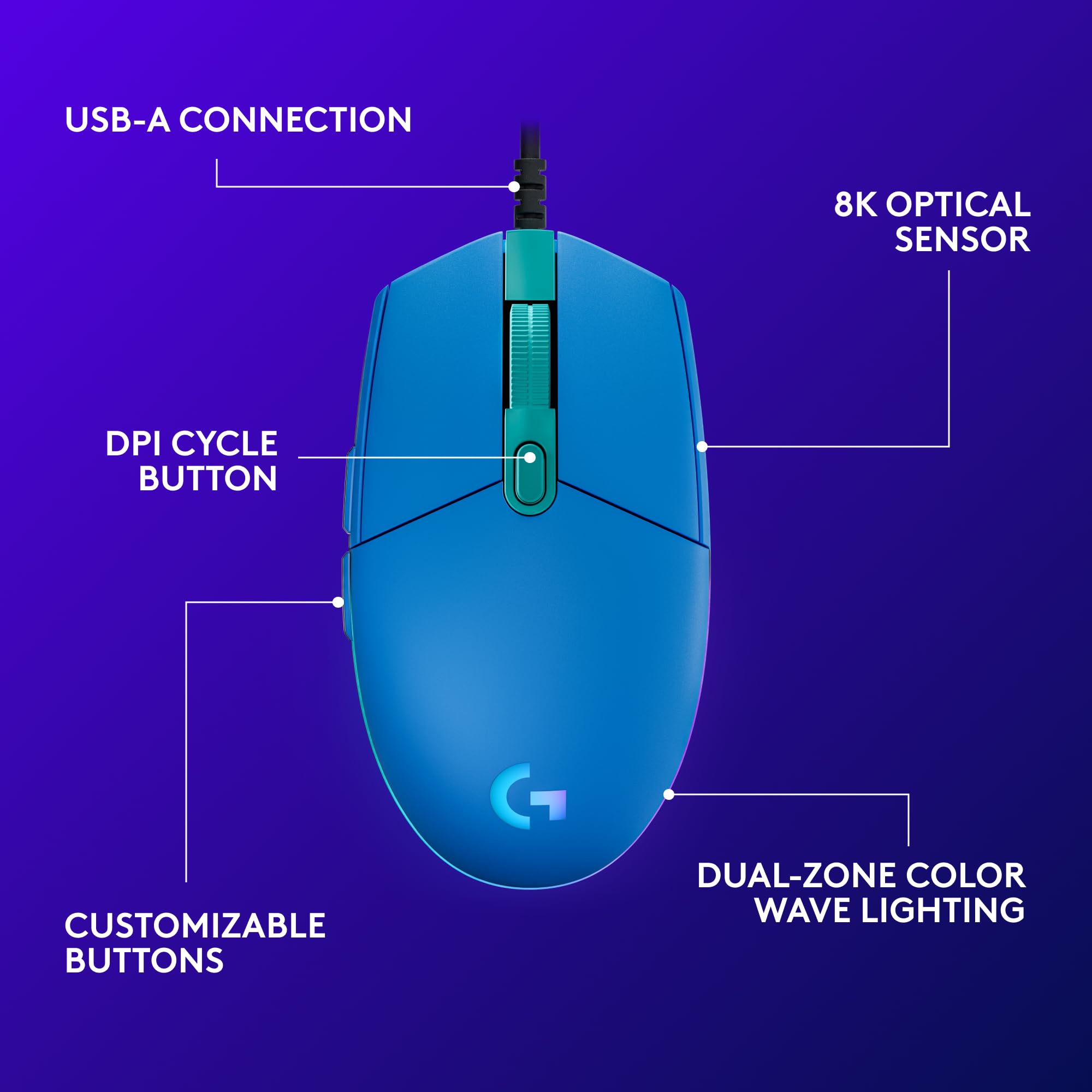 Logitech G203 Wired Gaming Mouse, 8,000 DPI, Rainbow Optical Effect LIGHTSYNC RGB, 6 Programmable Buttons, On-Board Memory, Screen Mapping, PC/Mac Computer and Laptop Compatible - Blue