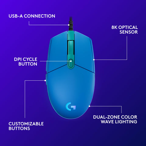 Logitech G203 Wired Gaming Mouse, 8,000 DPI, Rainbow Optical Effect LIGHTSYNC RGB, 6 Programmable Buttons, On-Board Memory, Screen Mapping, PC/Mac Computer and Laptop Compatible - Blue