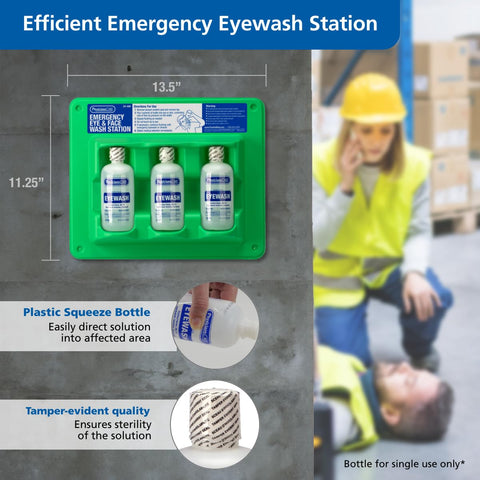PhysiciansCare Wall-Mountable Eyewash Station with 3 Screw-Cap Bottles of Eye Wash Solution, 8 oz Each