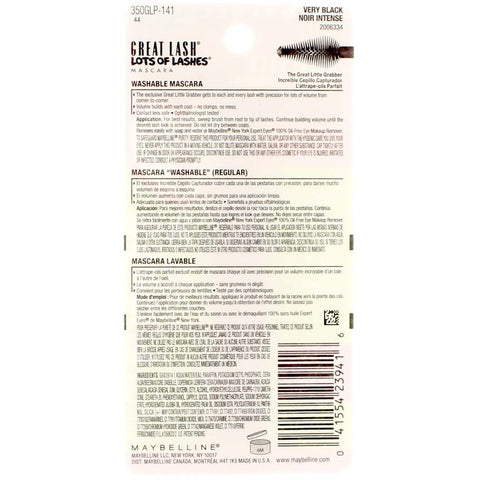 Maybelline Great Lash Lots of Lashes Washable Mascara, Very Black [141] 0.43 oz, Pack of 4