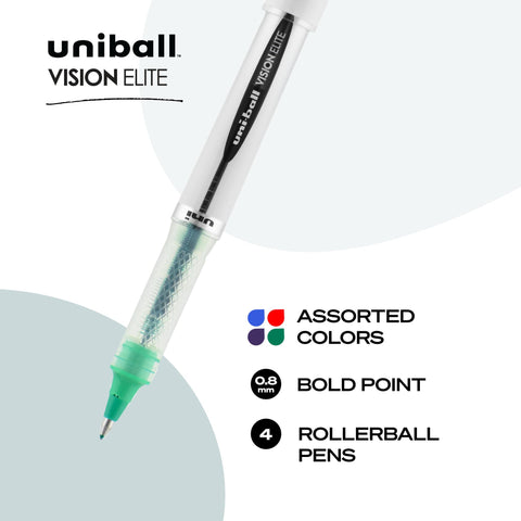 uniball Vision Elite Rollerball Pens, Bold Point (0.8mm), Assorted Colors, 4 Pack